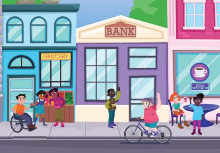 Cartoon image of kids in front of a bank